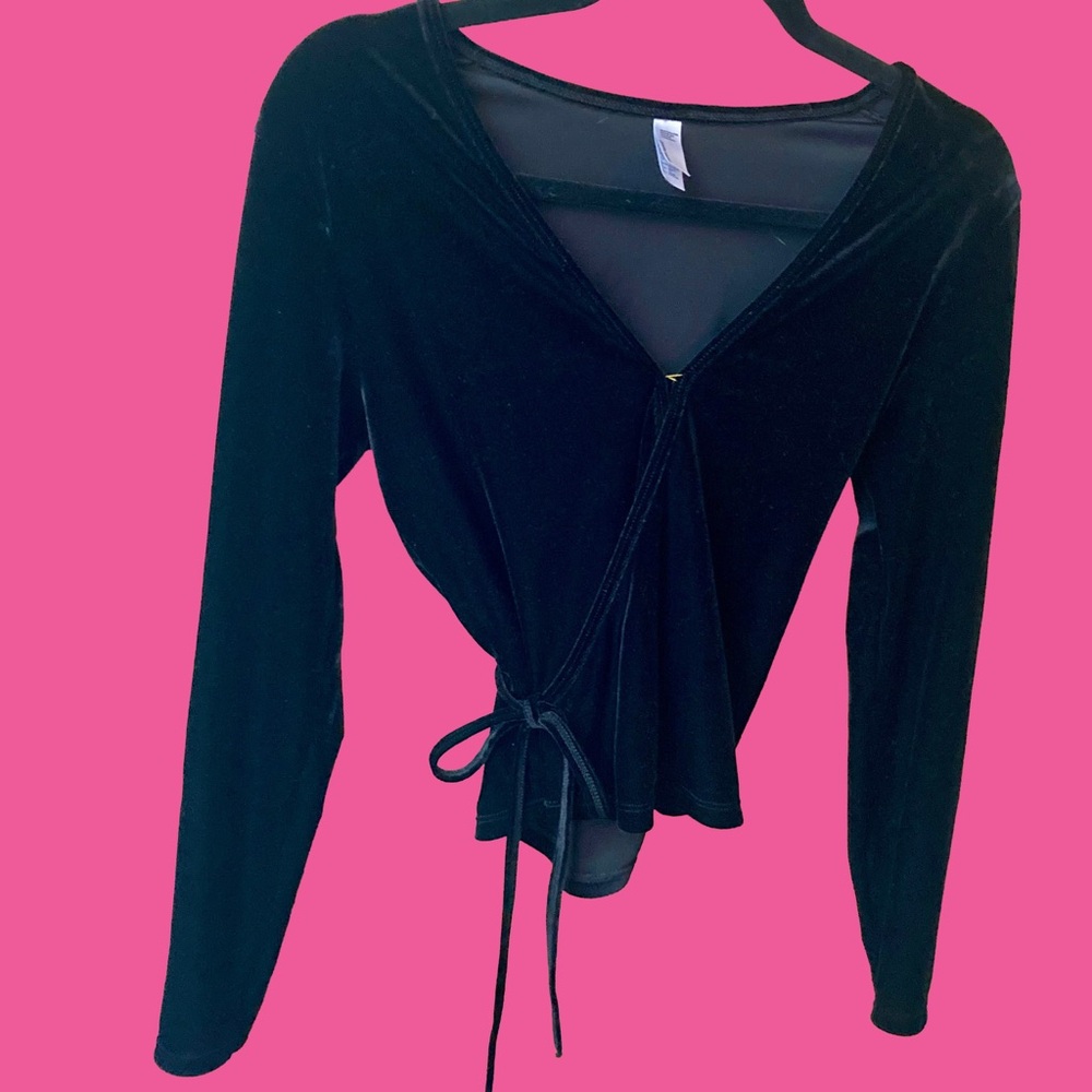 American Apparel Y2K Black Velvet Long Sleeve Wrap Top Low Cut Size Large